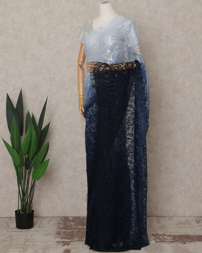 Sky Blue and Navy Premium French Ombre Chantilly Lace Saree – 5.5 Meters Length, 110 Cms Width, Crafted in France-D26099