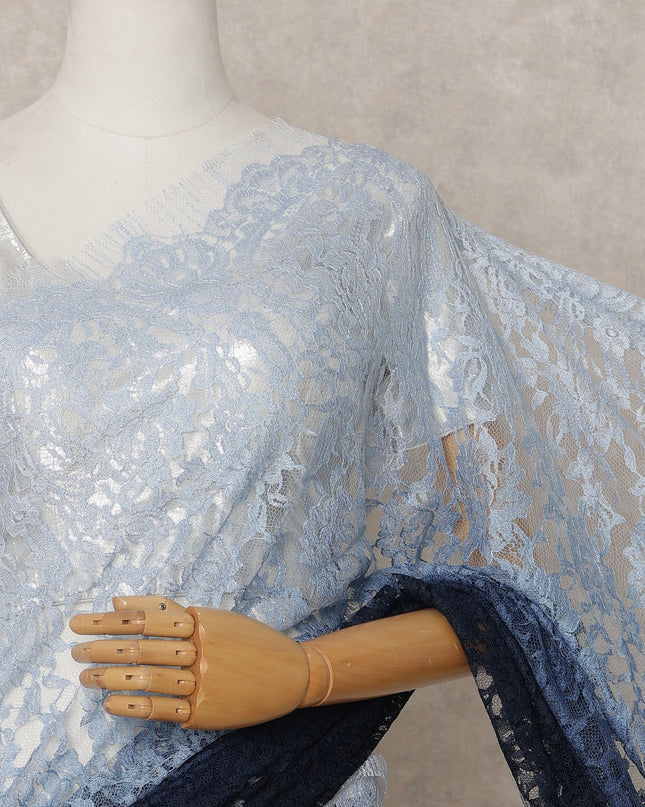 Sky Blue and Navy Premium French Ombre Chantilly Lace Saree – 5.5 Meters Length, 110 Cms Width, Crafted in France-D26099