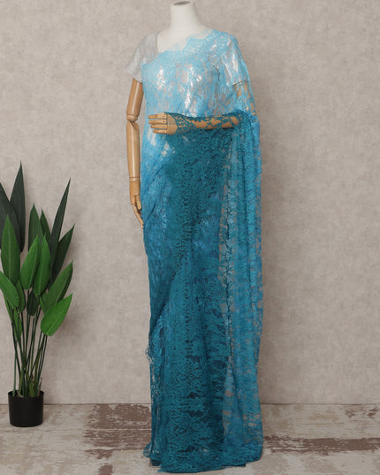 Aqua and Teal Premium French Ombre Chantilly Lace Saree – 5.5 Meters Length, 110 Cms Width, Crafted in France-D26095