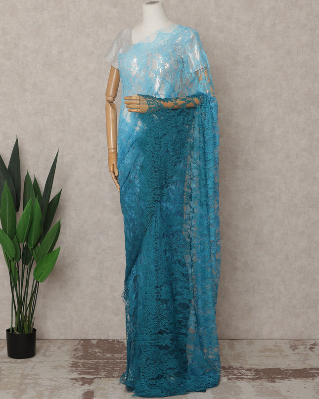 Aqua and Teal Premium French Ombre Chantilly Lace Saree – 5.5 Meters Length, 110 Cms Width, Crafted in France-D26095