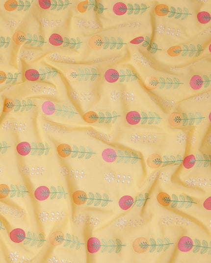 Pastel Yellow Leaf Embroidered Cotton Voile Fabric Soft Lightweight Breathable Botanical Embroidery Dressmaking Sewing Apparel Fabric 110 Cms Width Made In India-D28401