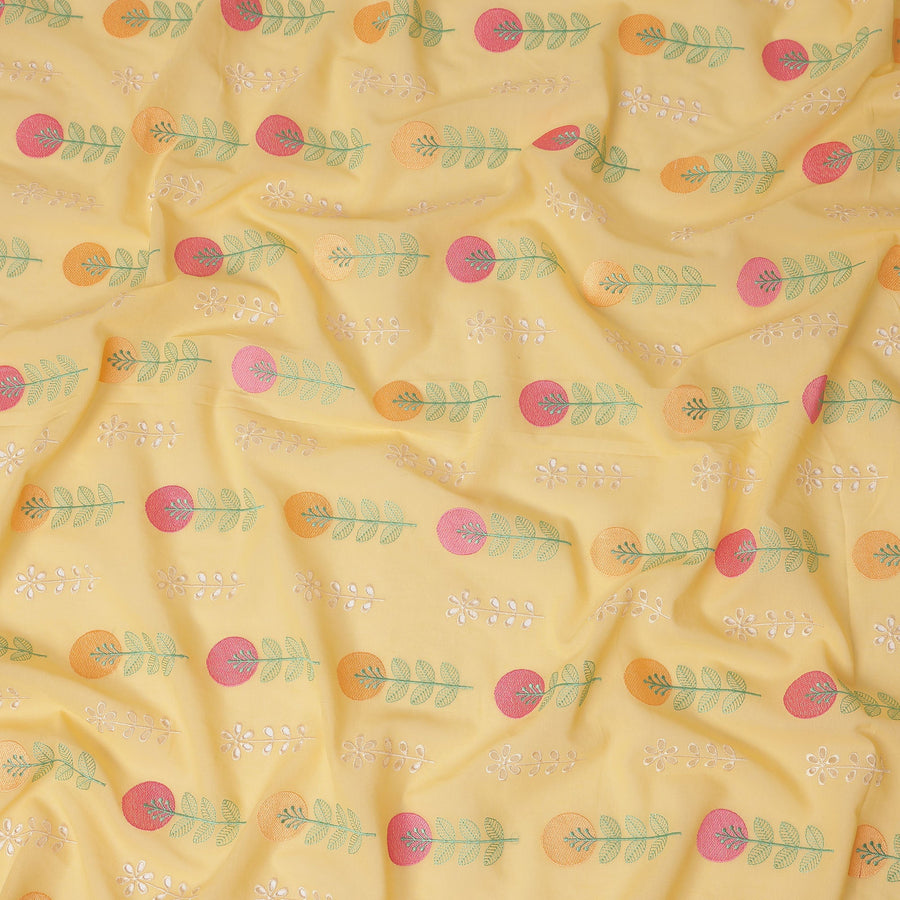 Pastel Yellow Leaf Embroidered Cotton Voile Fabric Soft Lightweight Breathable Botanical Embroidery Dressmaking Sewing Apparel Fabric 110 Cms Width Made In India-D28401