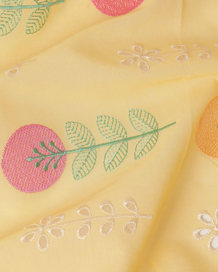 Pastel Yellow Leaf Embroidered Cotton Voile Fabric Soft Lightweight Breathable Botanical Embroidery Dressmaking Sewing Apparel Fabric 110 Cms Width Made In India-D28401