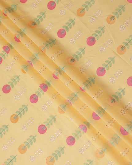 Pastel Yellow Leaf Embroidered Cotton Voile Fabric Soft Lightweight Breathable Botanical Embroidery Dressmaking Sewing Apparel Fabric 110 Cms Width Made In India-D28401