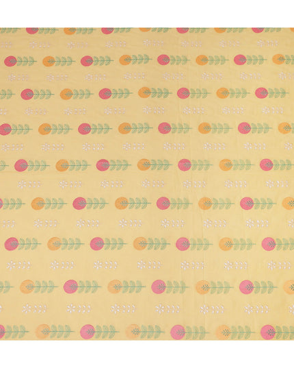 Pastel Yellow Leaf Embroidered Cotton Voile Fabric Soft Lightweight Breathable Botanical Embroidery Dressmaking Sewing Apparel Fabric 110 Cms Width Made In India-D28401