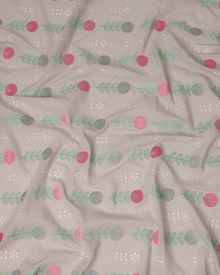 Grey Geometric Leaf Embroidered Cotton Voile Fabric Pink Grey Botanical Stripe Embroidery Soft Lightweight Breathable Dressmaking Sewing Fabric 110 Cms Width Made In India-D28410
