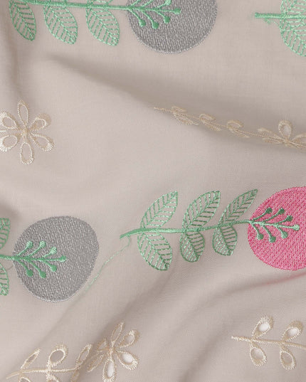Grey Geometric Leaf Embroidered Cotton Voile Fabric Pink Grey Botanical Stripe Embroidery Soft Lightweight Breathable Dressmaking Sewing Fabric 110 Cms Width Made In India-D28410
