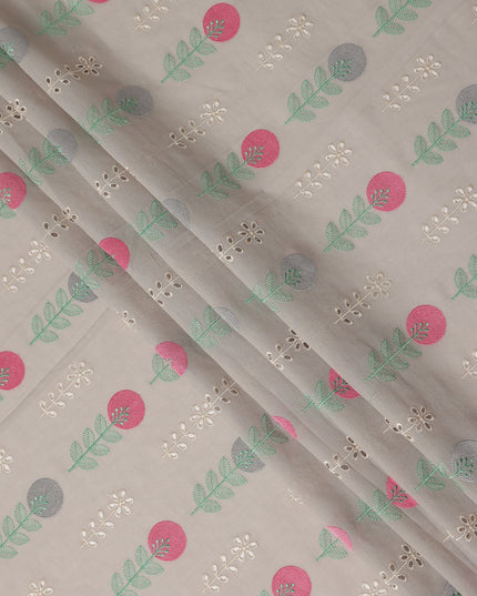 Grey Geometric Leaf Embroidered Cotton Voile Fabric Pink Grey Botanical Stripe Embroidery Soft Lightweight Breathable Dressmaking Sewing Fabric 110 Cms Width Made In India-D28410