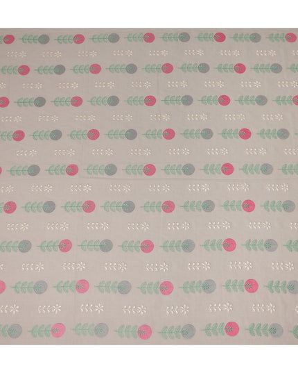 Grey Geometric Leaf Embroidered Cotton Voile Fabric Pink Grey Botanical Stripe Embroidery Soft Lightweight Breathable Dressmaking Sewing Fabric 110 Cms Width Made In India-D28410