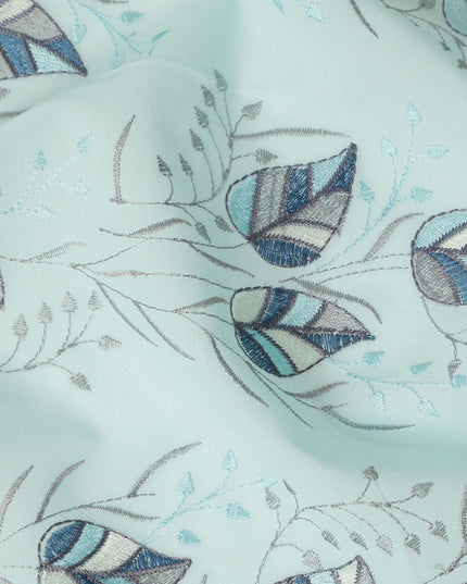 Mint Green Leaf Vine Embroidered Cotton Voile Fabric Blue Grey Botanical Embroidery Soft Lightweight Breathable Dressmaking Sewing Fabric 110 Cms Width Made In India-D28408