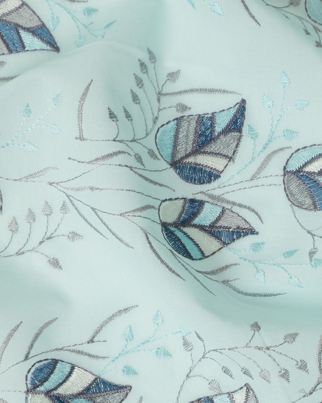 Mint Green Leaf Vine Embroidered Cotton Voile Fabric Blue Grey Botanical Embroidery Soft Lightweight Breathable Dressmaking Sewing Fabric 110 Cms Width Made In India-D28408