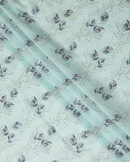 Mint Green Leaf Vine Embroidered Cotton Voile Fabric Blue Grey Botanical Embroidery Soft Lightweight Breathable Dressmaking Sewing Fabric 110 Cms Width Made In India-D28408