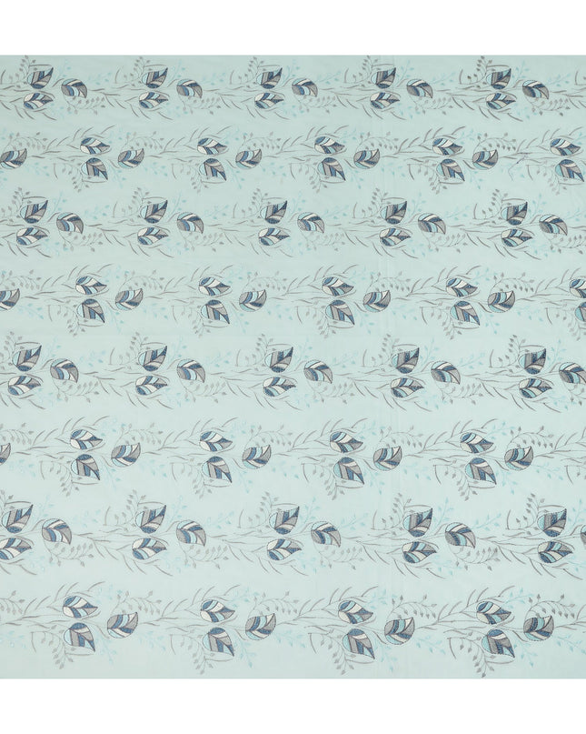 Mint Green Leaf Vine Embroidered Cotton Voile Fabric Blue Grey Botanical Embroidery Soft Lightweight Breathable Dressmaking Sewing Fabric 110 Cms Width Made In India-D28408