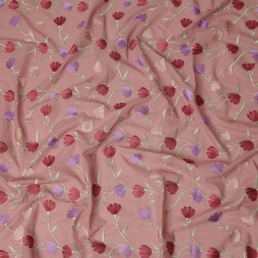 Dusty Pink Floral Vine Embroidered Cotton Voile Fabric Red Purple Tulip Flower Embroidery Soft Lightweight Breathable Dressmaking Sewing Fabric 110 Cms Width Made In India-D28409