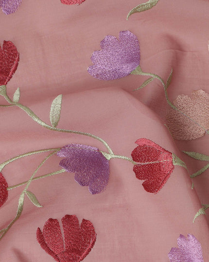 Dusty Pink Floral Vine Embroidered Cotton Voile Fabric Red Purple Tulip Flower Embroidery Soft Lightweight Breathable Dressmaking Sewing Fabric 110 Cms Width Made In India-D28409
