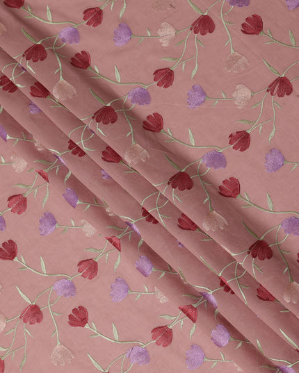 Dusty Pink Floral Vine Embroidered Cotton Voile Fabric Red Purple Tulip Flower Embroidery Soft Lightweight Breathable Dressmaking Sewing Fabric 110 Cms Width Made In India-D28409