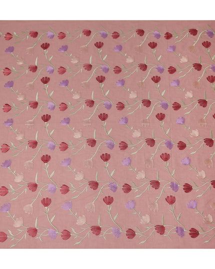 Dusty Pink Floral Vine Embroidered Cotton Voile Fabric Red Purple Tulip Flower Embroidery Soft Lightweight Breathable Dressmaking Sewing Fabric 110 Cms Width Made In India-D28409