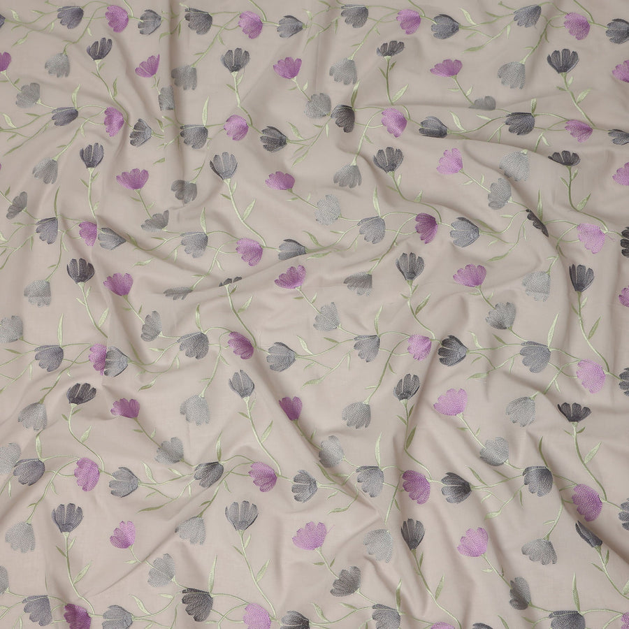 Beige Floral Embroidered Cotton Voile Fabric Purple and Grey Flower Vine Embroidery Soft Lightweight Breathable Dressmaking Sewing Fabric 110 Cms Width Made In India-D28407
