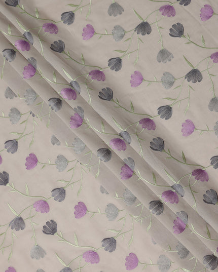 Beige Floral Embroidered Cotton Voile Fabric Purple and Grey Flower Vine Embroidery Soft Lightweight Breathable Dressmaking Sewing Fabric 110 Cms Width Made In India-D28407