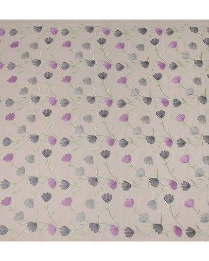 Beige Floral Embroidered Cotton Voile Fabric Purple and Grey Flower Vine Embroidery Soft Lightweight Breathable Dressmaking Sewing Fabric 110 Cms Width Made In India-D28407
