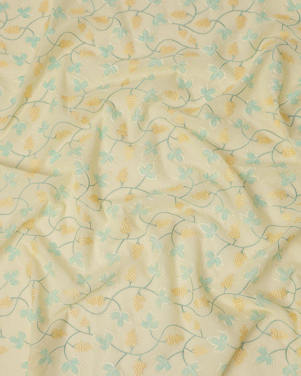 Light Yellow Cotton Voile Leaf and Vine Embroidery Fabric, Width 110 Cms, India-D25317