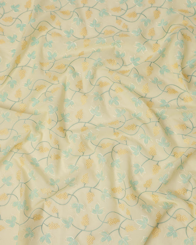 Light Yellow Cotton Voile Leaf and Vine Embroidery Fabric, Width 110 Cms, India-D25317
