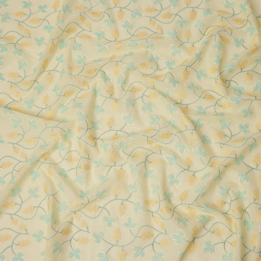 Light Yellow Cotton Voile Leaf and Vine Embroidery Fabric, Width 110 Cms, India-D25317