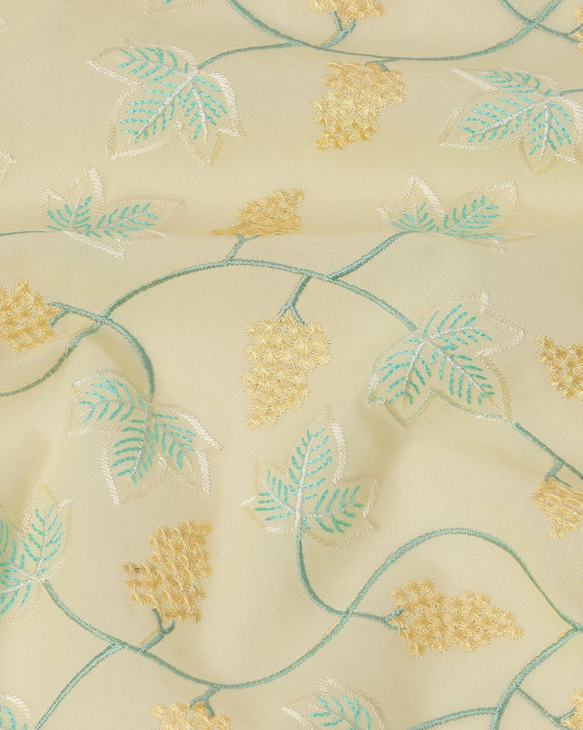 Light Yellow Cotton Voile Leaf and Vine Embroidery Fabric, Width 110 Cms, India-D25317