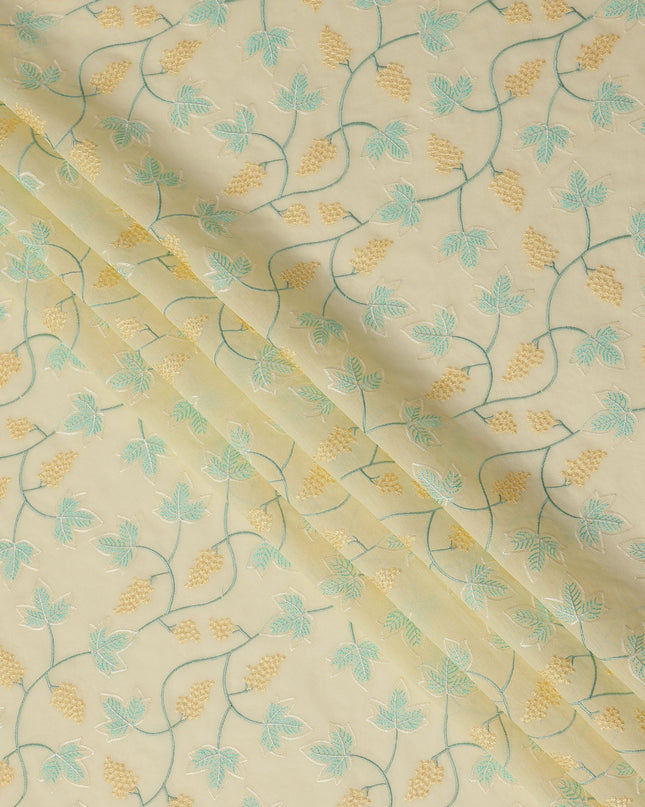 Light Yellow Cotton Voile Leaf and Vine Embroidery Fabric, Width 110 Cms, India-D25317