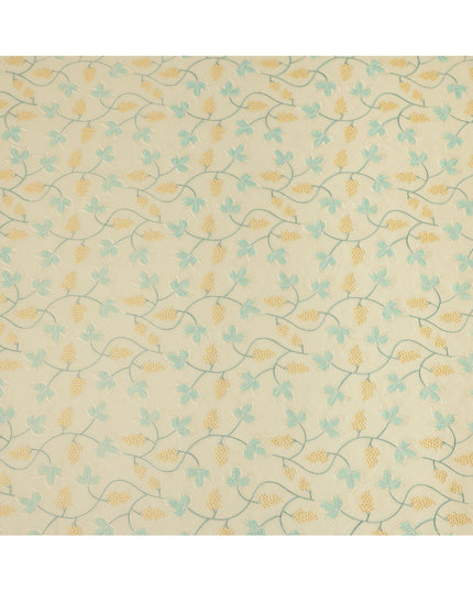 Light Yellow Cotton Voile Leaf and Vine Embroidery Fabric, Width 110 Cms, India-D25317