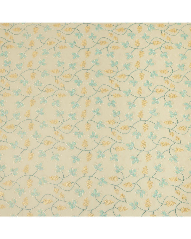 Light Yellow Cotton Voile Leaf and Vine Embroidery Fabric, Width 110 Cms, India-D25317