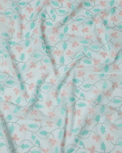 Aqua Blue Cotton Voile Leaf and Vine Embroidery Fabric, Width 110 Cms, India-D25318