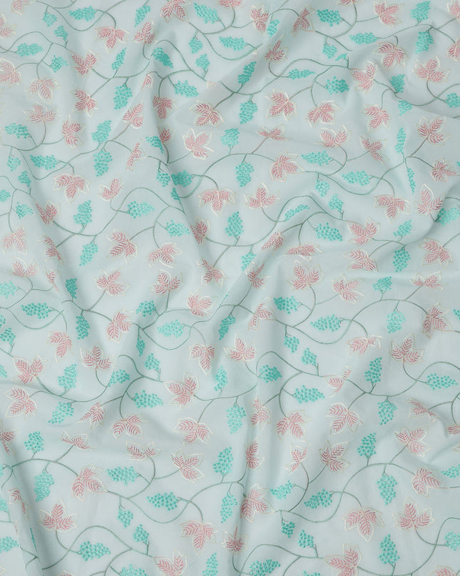 Aqua Blue Cotton Voile Leaf and Vine Embroidery Fabric, Width 110 Cms, India-D25318