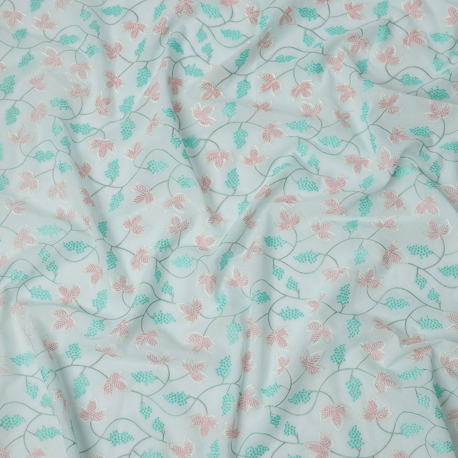 Aqua Blue Cotton Voile Leaf and Vine Embroidery Fabric, Width 110 Cms, India-D25318