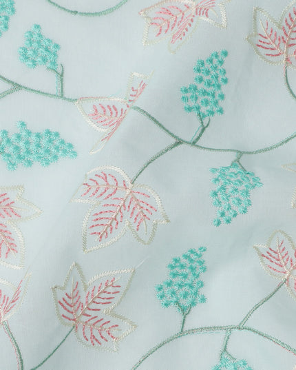 Aqua Blue Cotton Voile Leaf and Vine Embroidery Fabric, Width 110 Cms, India-D25318