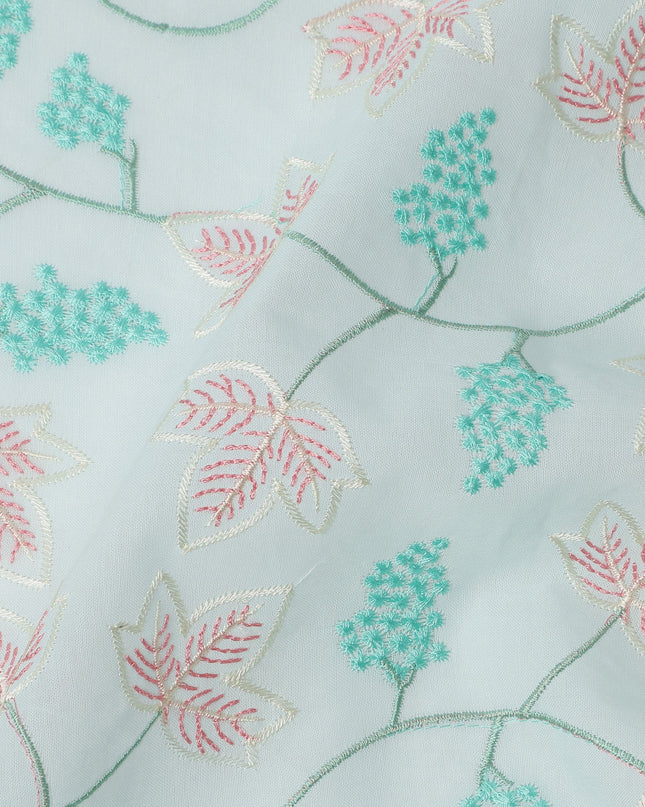 Aqua Blue Cotton Voile Leaf and Vine Embroidery Fabric, Width 110 Cms, India-D25318