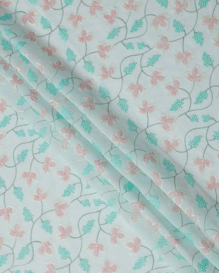 Aqua Blue Cotton Voile Leaf and Vine Embroidery Fabric, Width 110 Cms, India-D25318