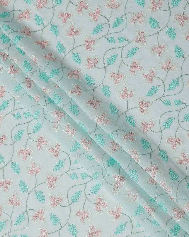 Aqua Blue Cotton Voile Leaf and Vine Embroidery Fabric, Width 110 Cms, India-D25318