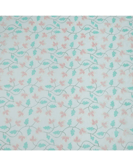 Aqua Blue Cotton Voile Leaf and Vine Embroidery Fabric, Width 110 Cms, India-D25318