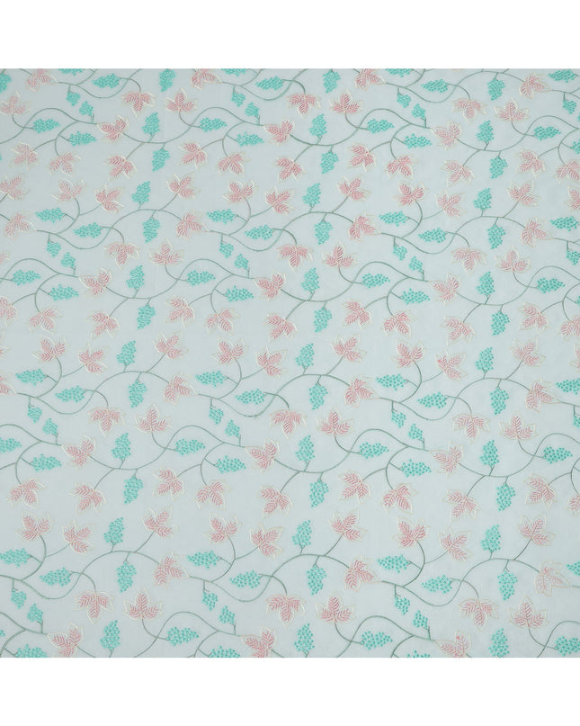 Aqua Blue Cotton Voile Leaf and Vine Embroidery Fabric, Width 110 Cms, India-D25318