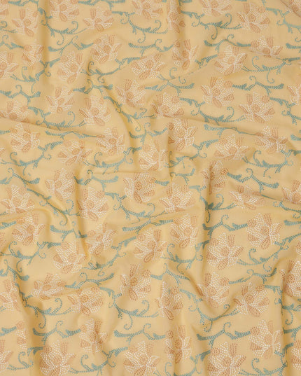 Mustard Yellow Cotton Voile Sequin Floral Embroidery Fabric, Width 110 Cms, India-D25314