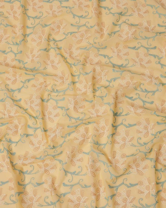Mustard Yellow Cotton Voile Sequin Floral Embroidery Fabric, Width 110 Cms, India-D25314