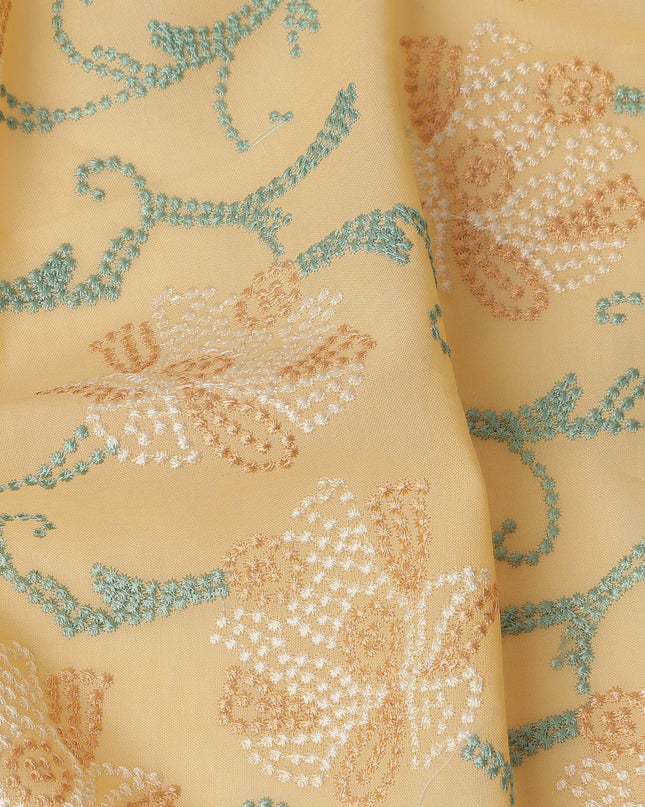Mustard Yellow Cotton Voile Sequin Floral Embroidery Fabric, Width 110 Cms, India-D25314
