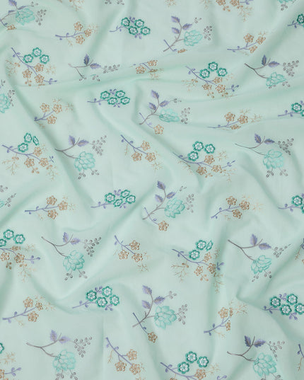 Mint Green Cotton Voile Multicolor Floral Embroidery Fabric, Width 110 Cms, India-D25315