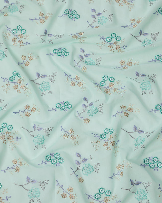 Mint Green Cotton Voile Multicolor Floral Embroidery Fabric, Width 110 Cms, India-D25315