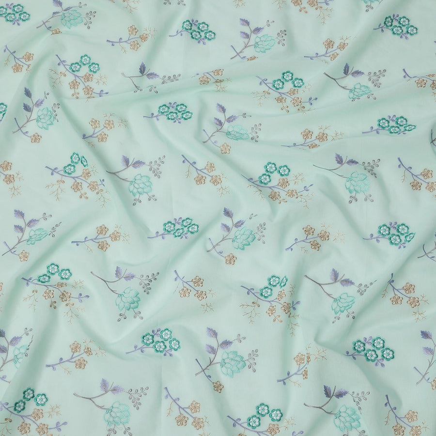 Mint Green Cotton Voile Multicolor Floral Embroidery Fabric, Width 110 Cms, India-D25315