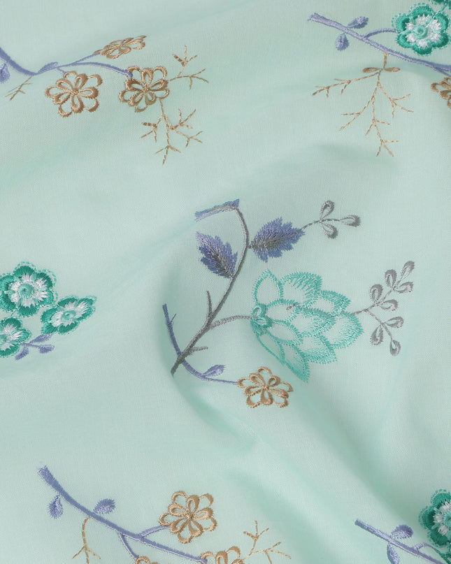 Mint Green Cotton Voile Multicolor Floral Embroidery Fabric, Width 110 Cms, India-D25315