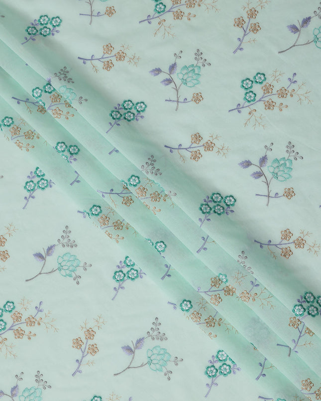 Mint Green Cotton Voile Multicolor Floral Embroidery Fabric, Width 110 Cms, India-D25315