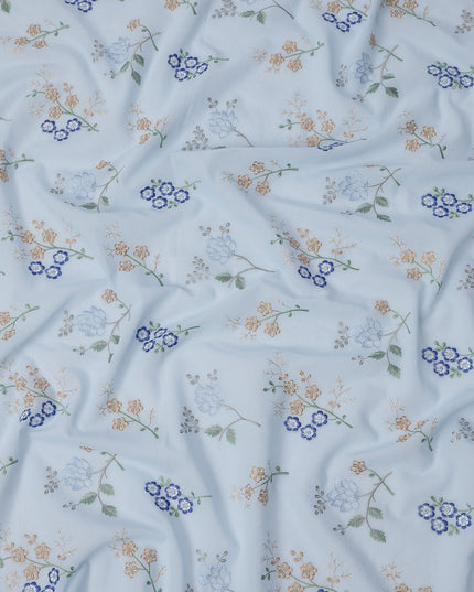 قماش قطني أزرق فاتح متعدد الألوان مطرز بالزهور، عرض 110 سم، الهند - D25316