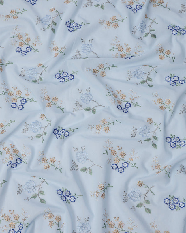 Light Blue Cotton Voile Multicolor Floral Embroidery Fabric, Width 110 Cms, India-D25316